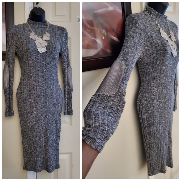 Dresses & Skirts - Ribbed Faux Leather Elbow Enhanced Bodycon Sweater Dress, Size Medium